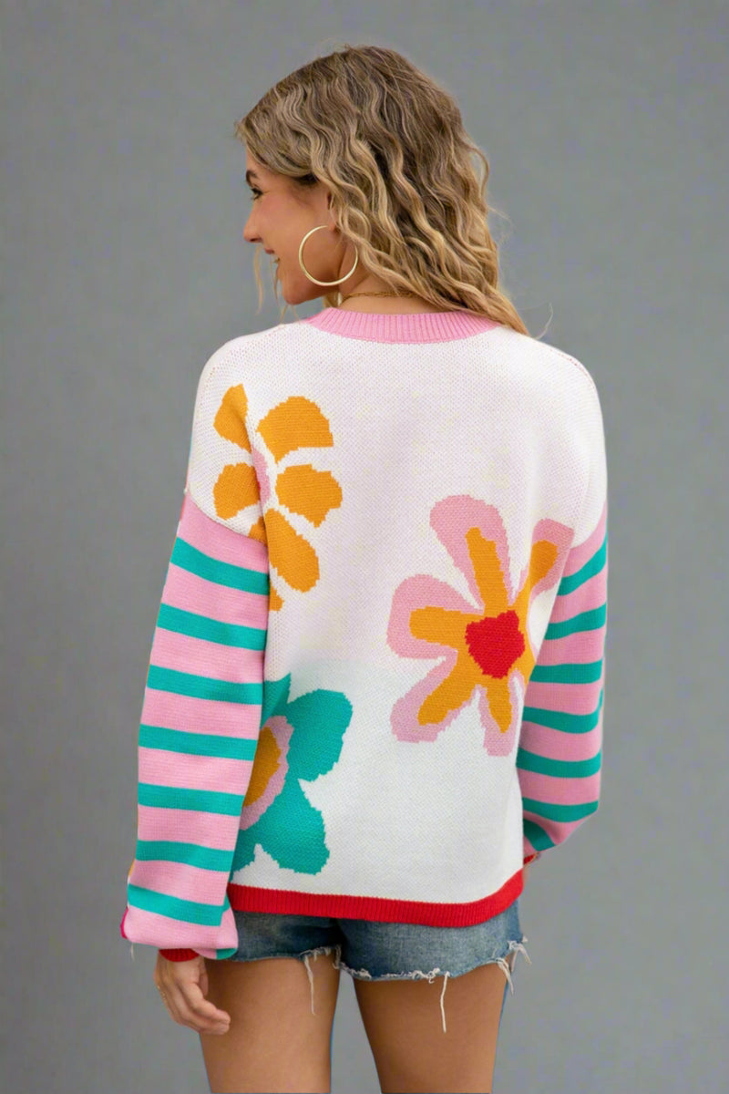 Multicolor Floral Striped Knit Sweater - Teal