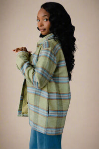 Green, Camel & Turquoise Plaid Flannel Jacket