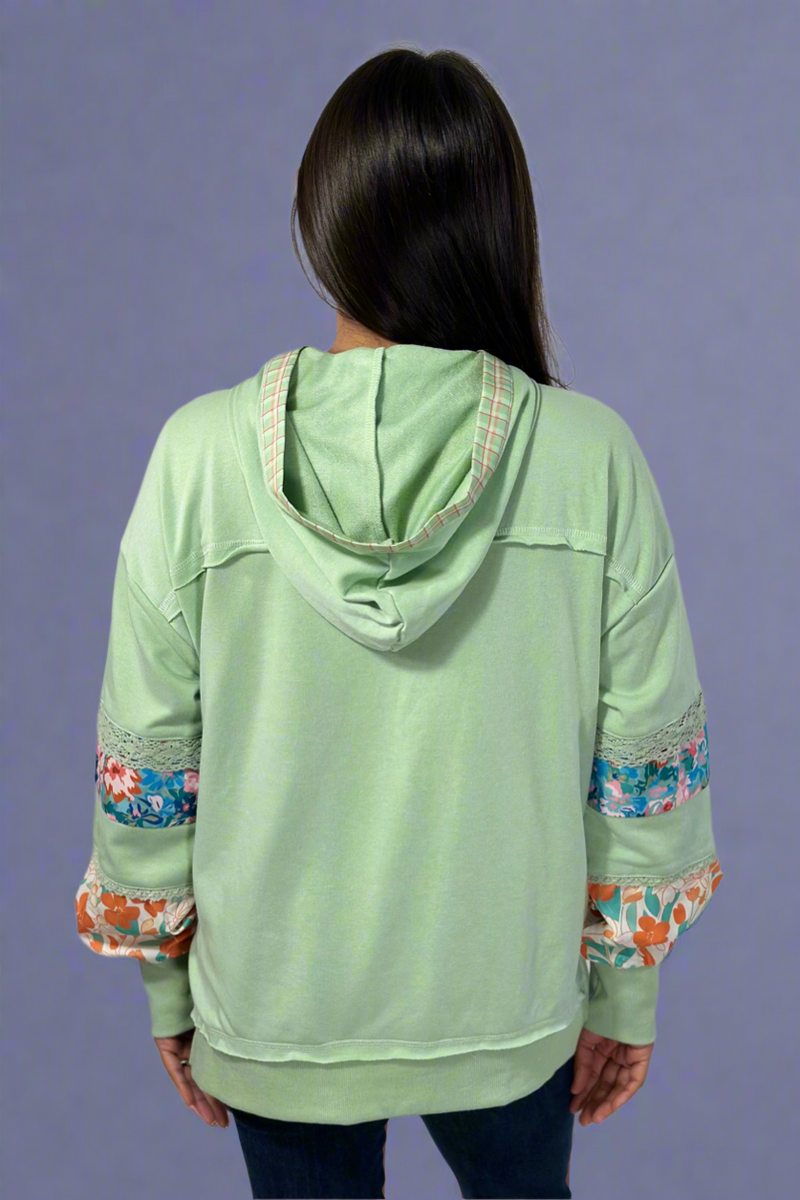 Lace Floral Patchwork Hoodie - Aqua