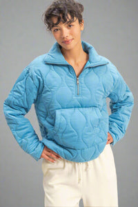Quilted Half Zip Pullover - Blue