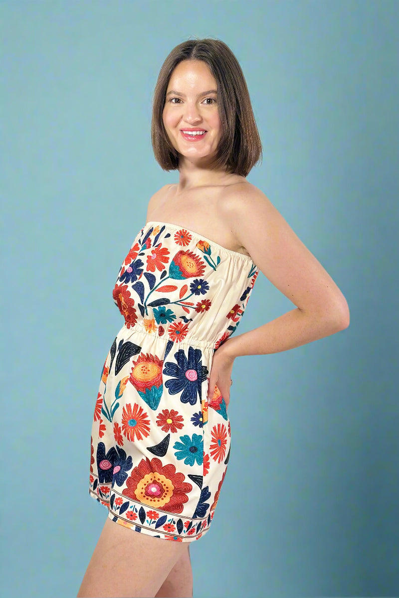 Vibrant Boho Floral Strapless Romper
