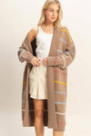 Striped Open Front Long Cardigan - Mocha