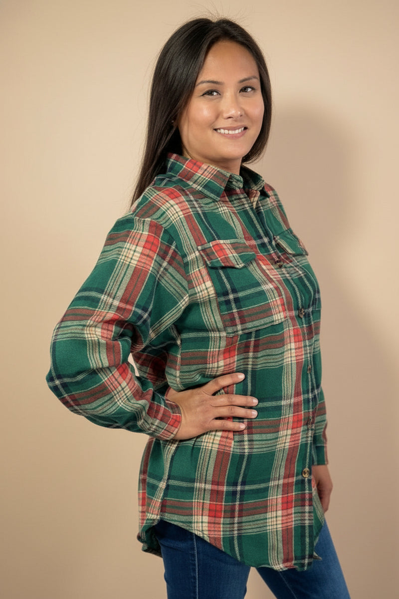 Plaid Button Up Flannel Shirt - Dark Green
