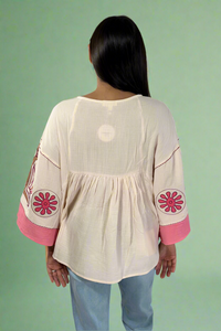 Embroidered Gauzy Top - Peach Pink