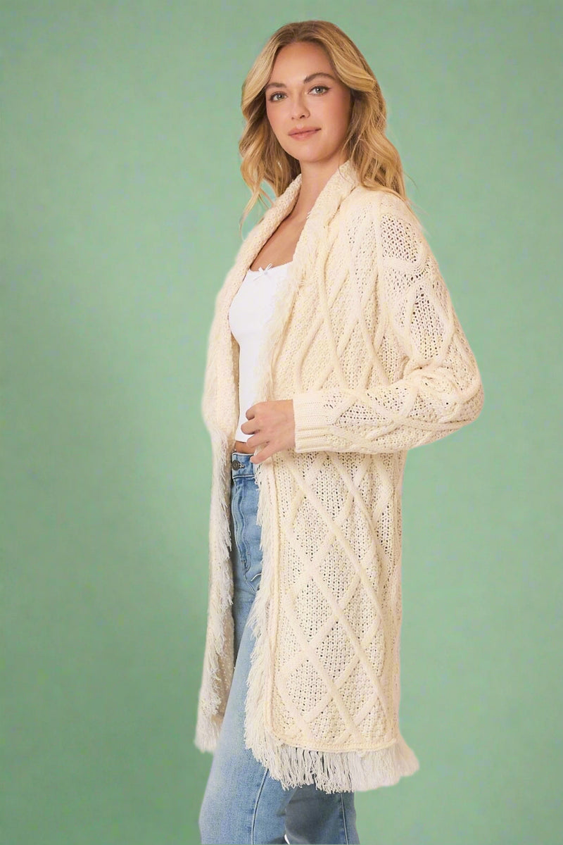 Cable Knit Fringe Hem Cardigan