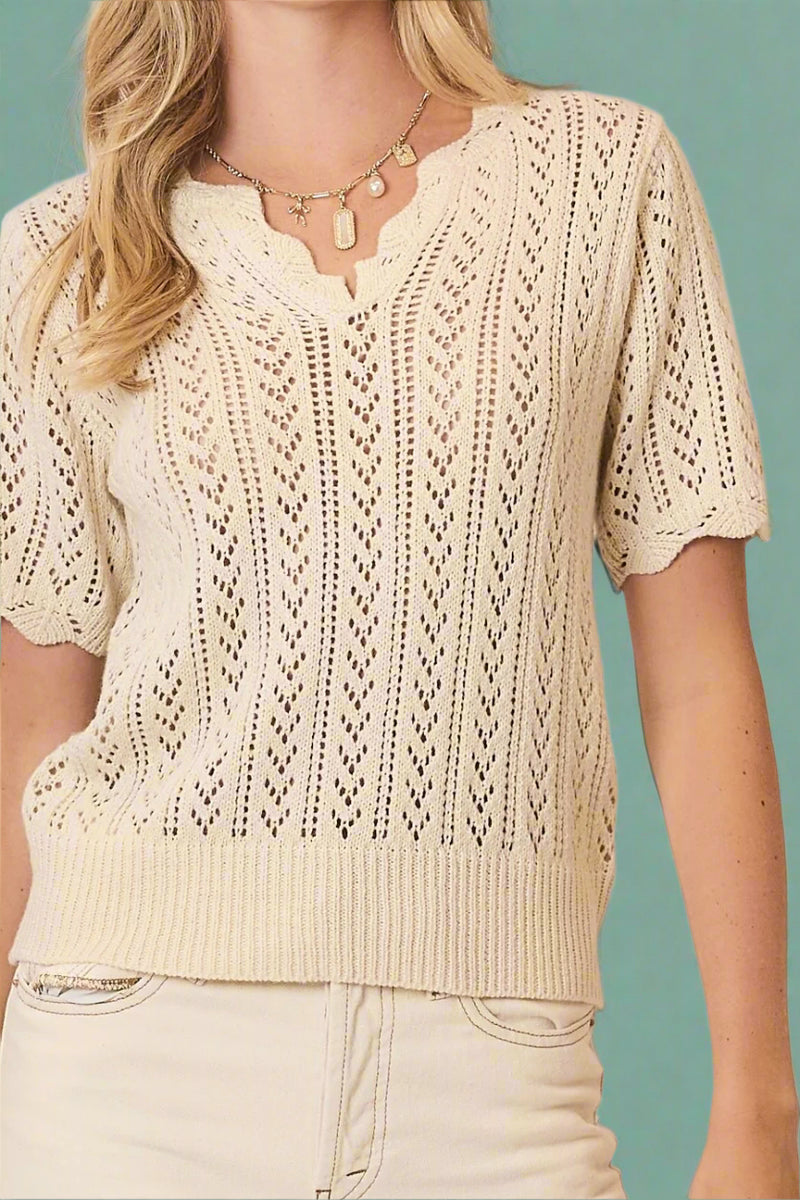 Chevron Knit Top With Scallop Neckline