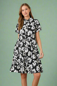 Poplin Print Midi Shirt Dress - Black