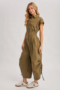 Button Down Utility Shirting Jumpsuit - Olive