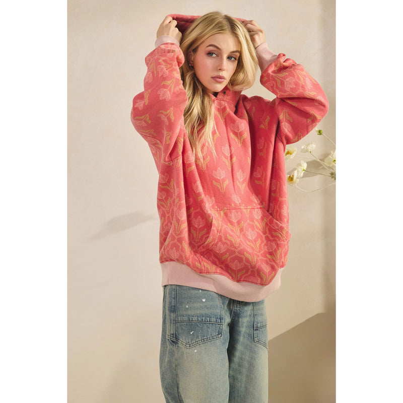 Floral Printed Fleece Hoodie - Coral
