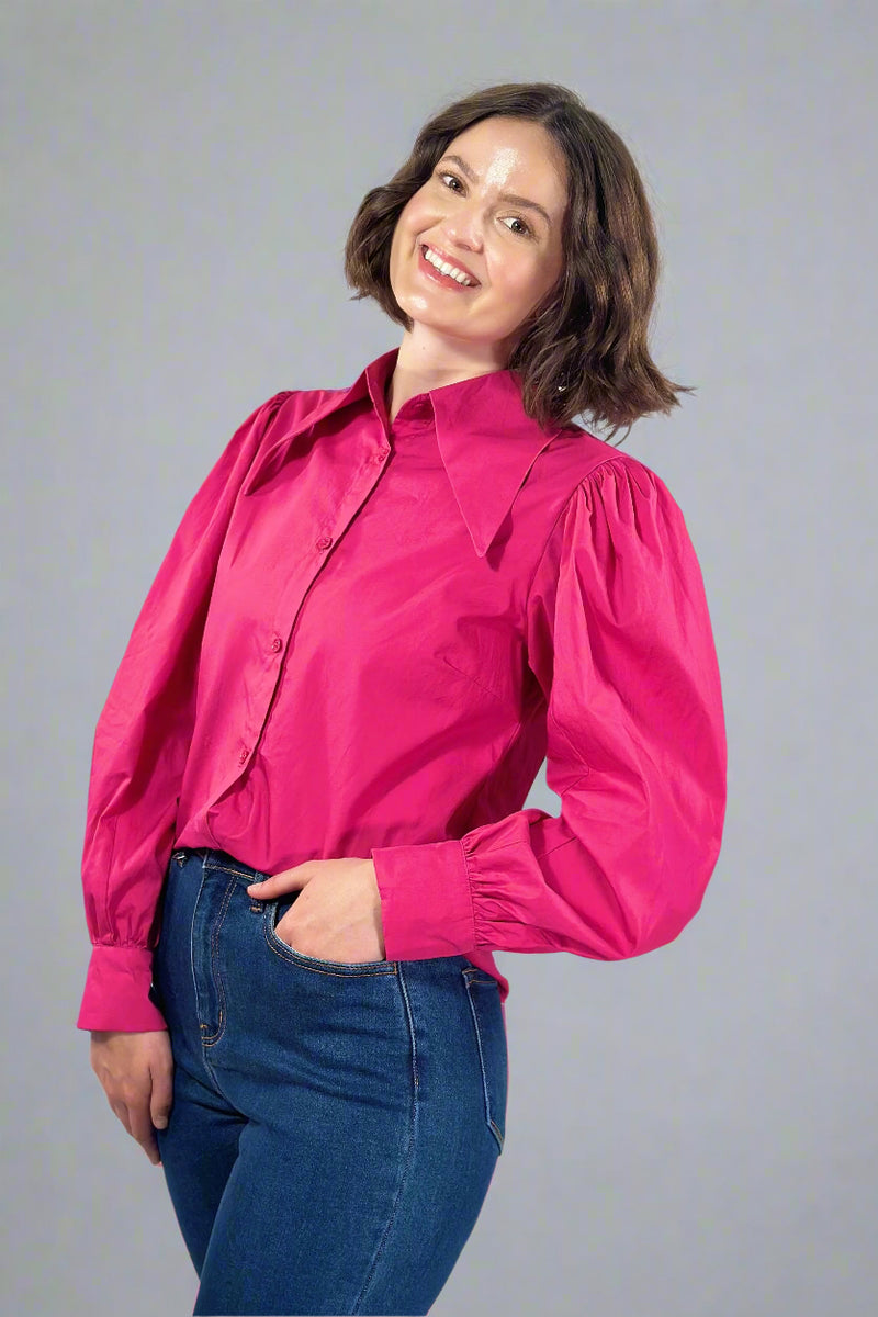 Puff Sleeve Button Down Blouse - Berry