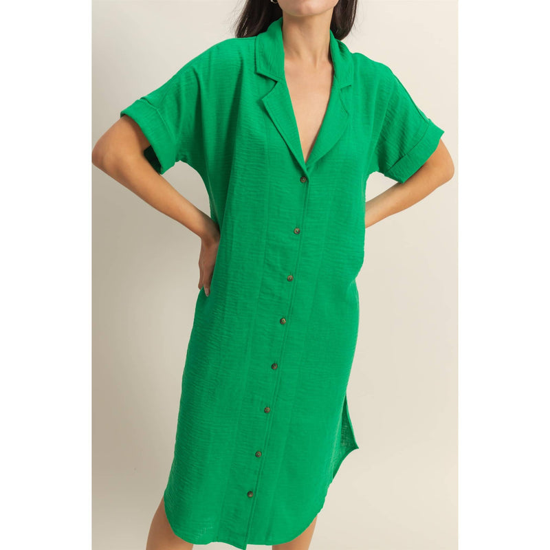 Casual Buttoned Shirts Midi Dress - Green