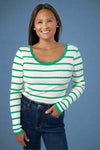 Scalloped Edge Striped Ribbed Sweater - Bright Green