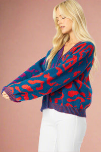 Leopard Color Block Cardigan Navy