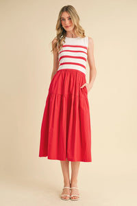 Mixed Media Striped Midi Dress - Red