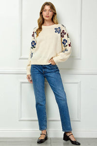 Sweater With Floral Sleeve Embroidery