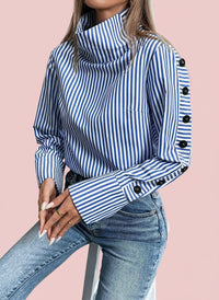 Button-Up High Neck Pullover Shirt - Blue