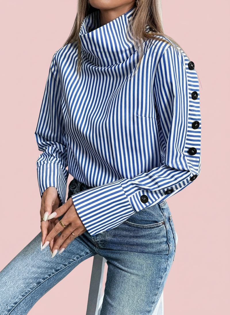Button-Up High Neck Pullover Shirt - Blue