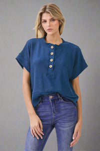 Ribbed Button Henley Knit Top - Navy