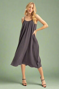 Shirring Neckline Sleeveless Dress - Charcoal