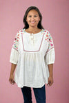 Linen Embroidered Boxy Top - Off White
