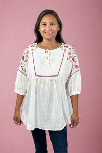 Linen Embroidered Boxy Top - Off White