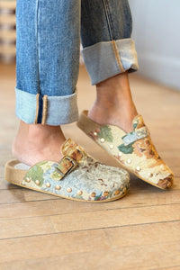 Toni - Floral Tapestry Studded Buckle Clog