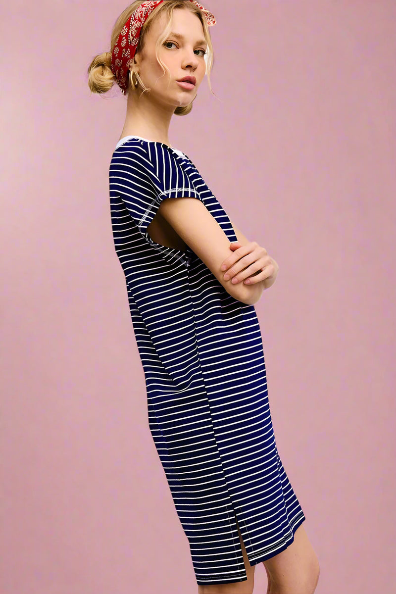 Side Slit Striped T Shirt Dress - Galaxy