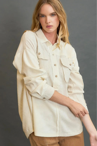 Contrast Half Button Down Top - Oatmeal