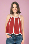 Scalloped Hem Contrast Top - Crimson