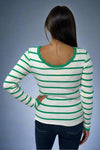 Scalloped Edge Striped Ribbed Sweater - Bright Green
