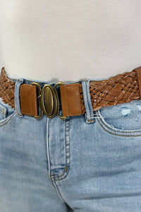 Oval Buckle Braided Elastic Belt - Camel