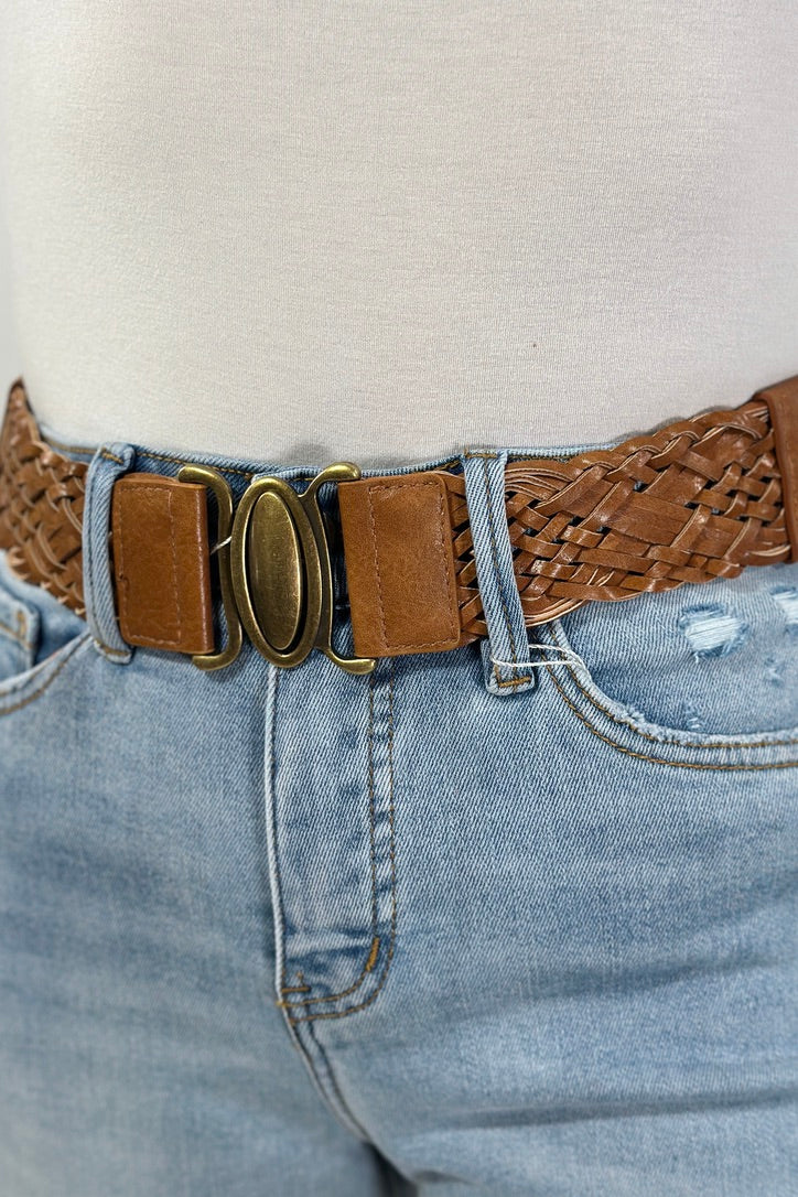 Oval Buckle Braided Elastic Belt - Camel