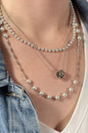 Triple Layer Pearl Chain Link Necklace - Silver