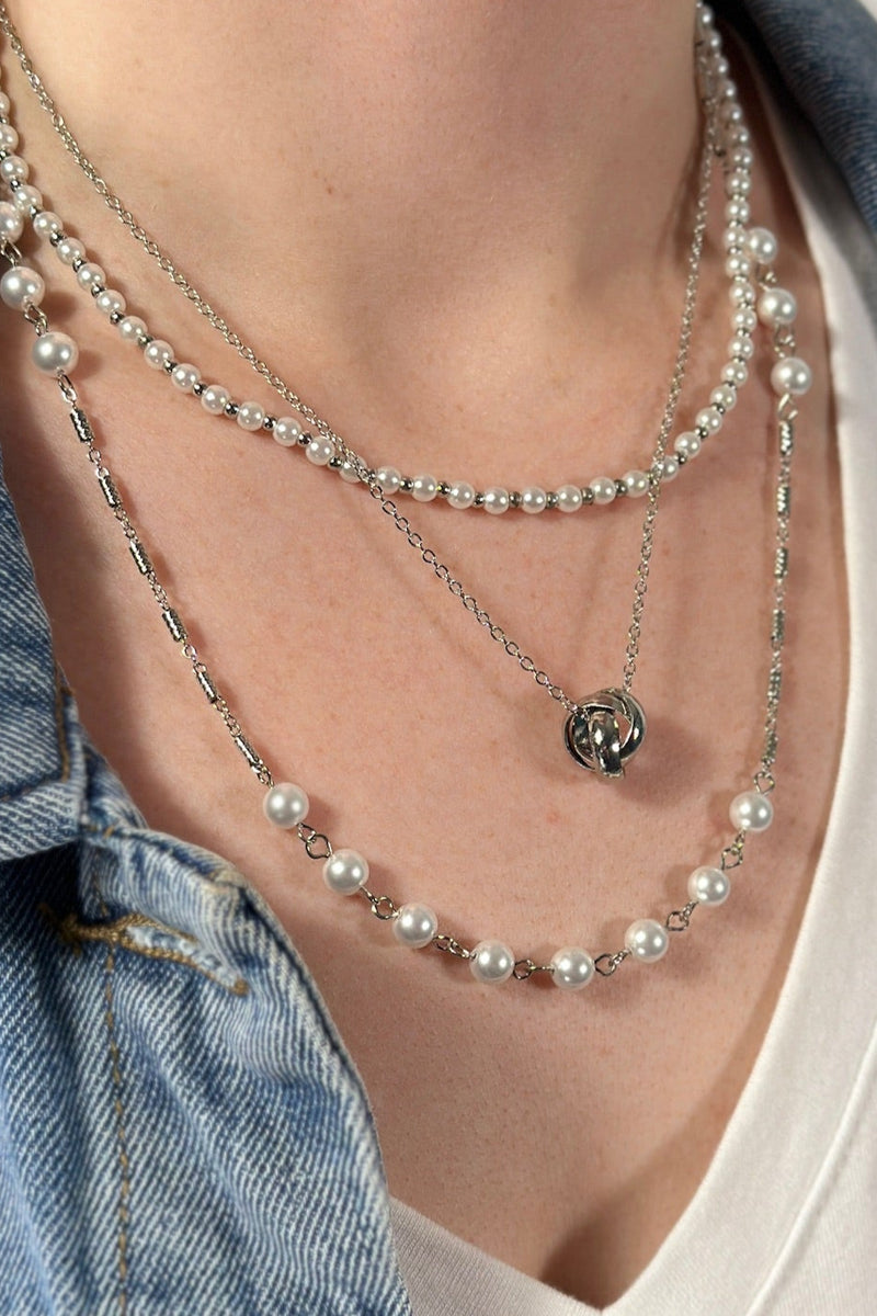 Triple Layer Pearl Chain Link Necklace - Silver