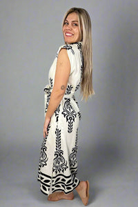 Two Tone Printed Midi Dress - Cream