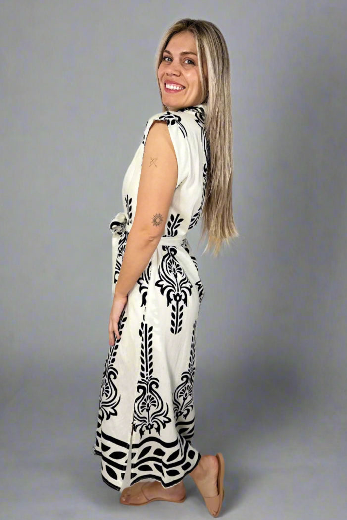 Two Tone Printed Midi Dress - Cream