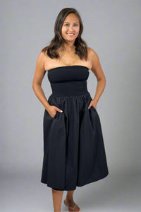 Strapless Flared Midi Dress - Black