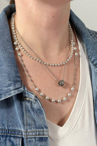 Triple Layer Pearl Chain Link Necklace - Silver