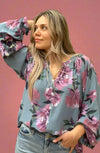 Grey Floral Button Down Top