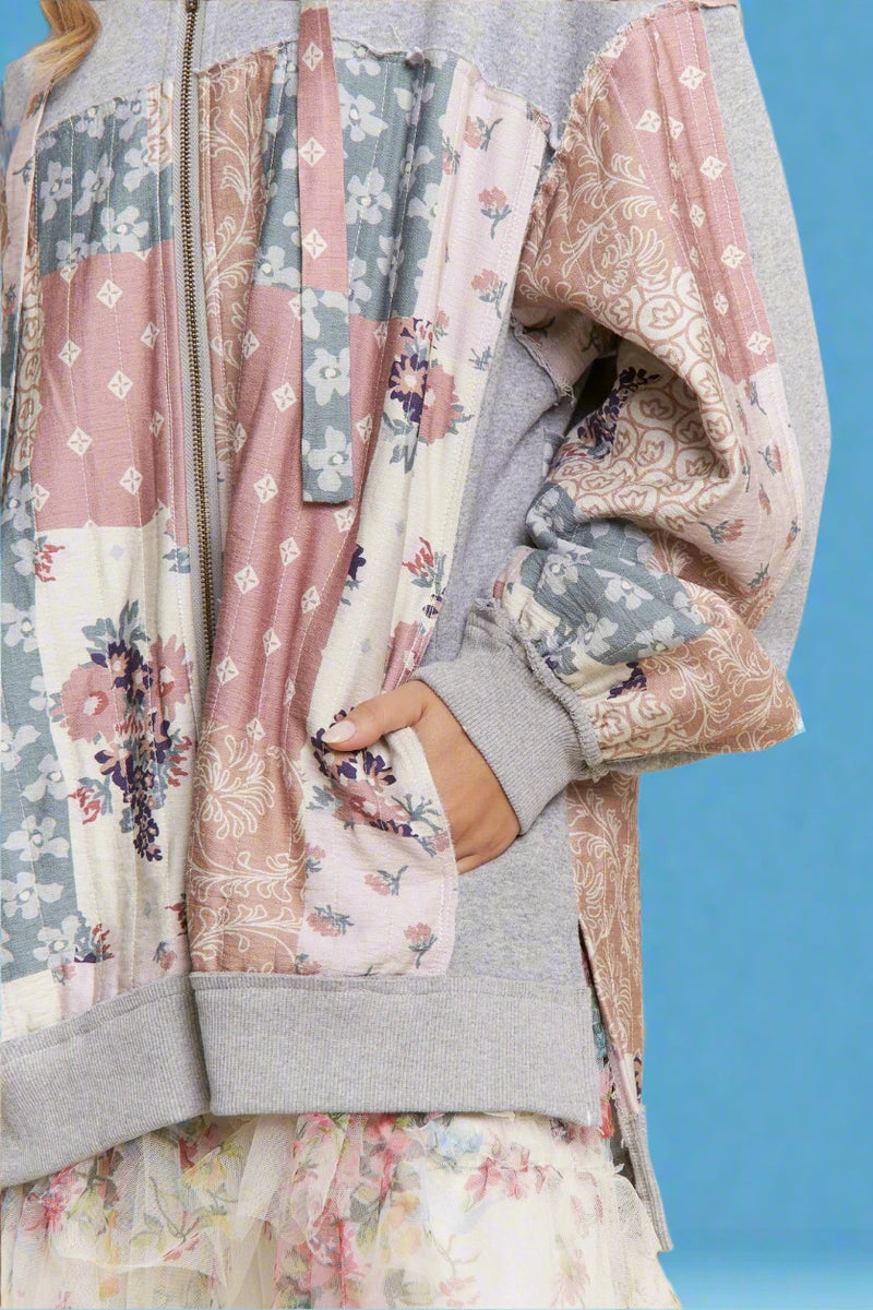 Multi Pattern Patchwork Zipper Hoodie