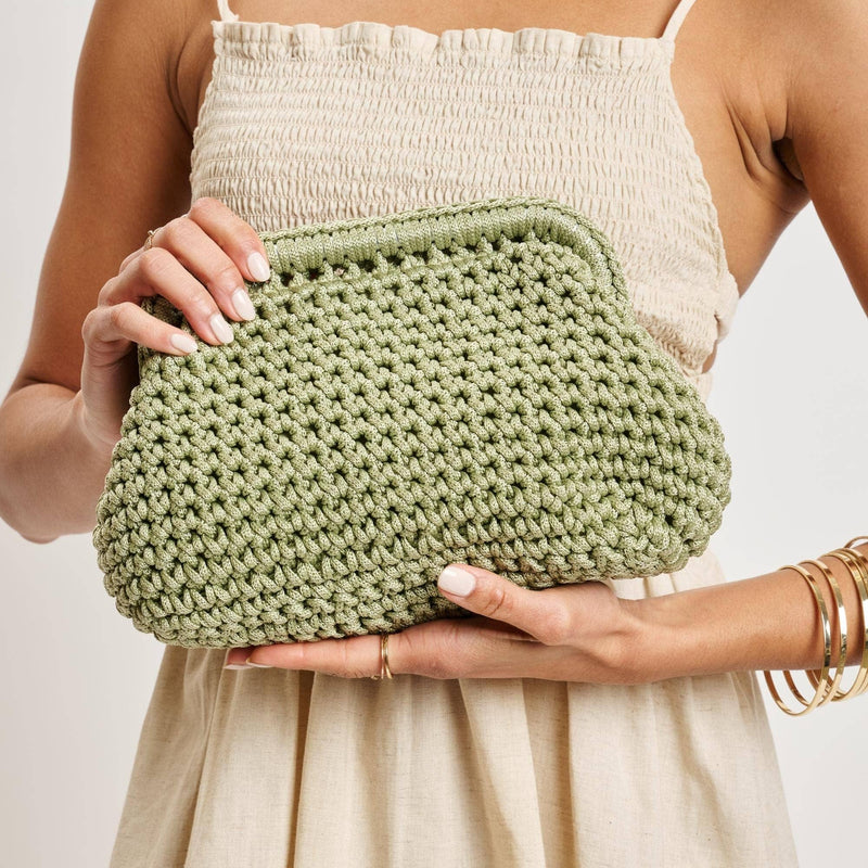 Anastasia Straw Clutch With Chain Strap - Sage