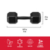 Black dumbbell with measurements and safety features on a white background