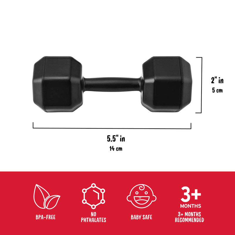 Black dumbbell with measurements and safety features on a white background