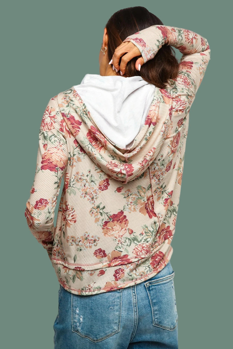 Hoodie Long Sleeve Floral Top - Marsala