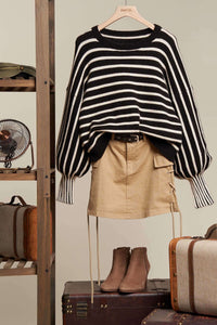 Stripe Puff Sleeve Sweater - Black