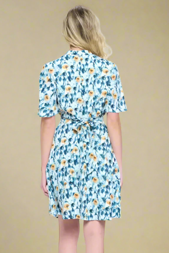 Flutter Sleeve Floral Print Dress - Blue