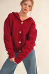 Fuzzy Knit Hoodie Cardigan - Wine