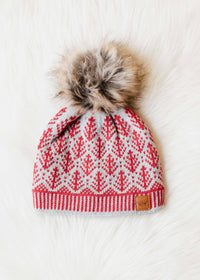 Gray w/ Red Tree Pattern Pom Hat