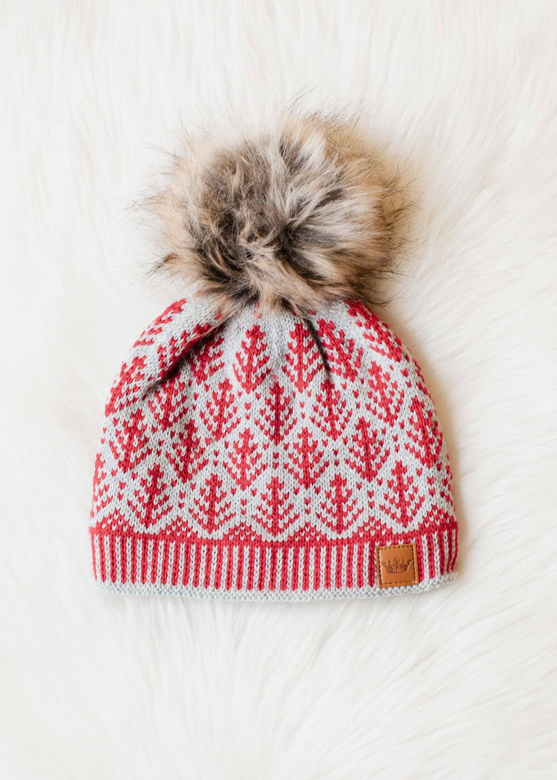 Gray w/ Red Tree Pattern Pom Hat