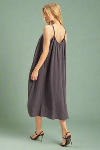Shirring Neckline Sleeveless Dress - Charcoal